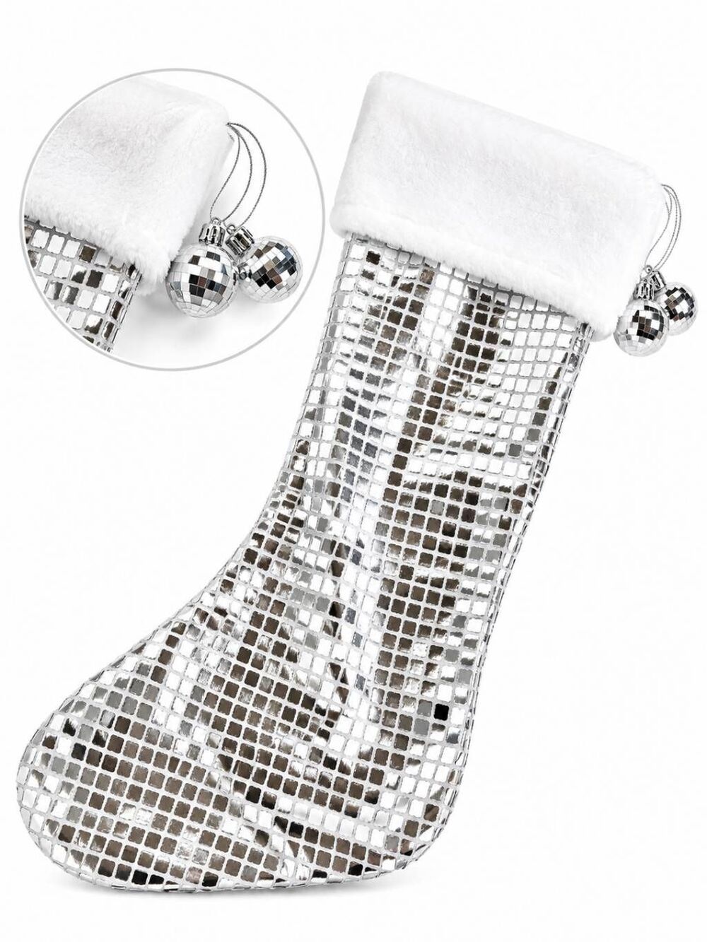 Silver Sequin Christmas Stocking White Faux Fur Top